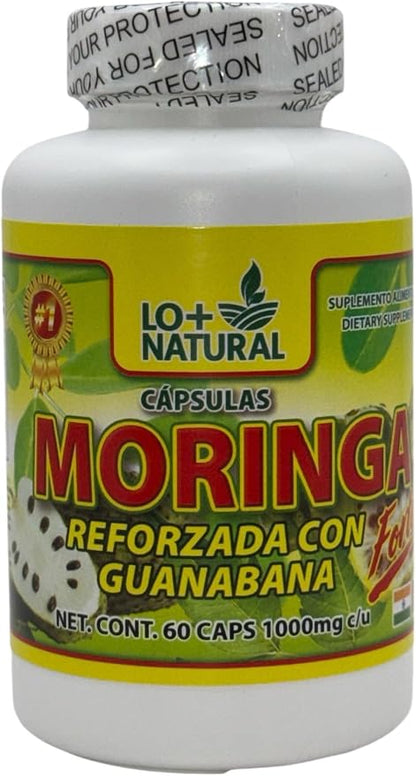 LO+ Natural Moringa Cápsulas Reforzadas con Guanábana  60 Caps, 1000 mg Each - Dietary Supplement