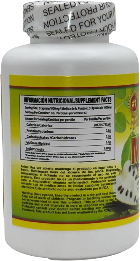 LO+ Natural Moringa Cápsulas Reforzadas con Guanábana  60 Caps, 1000 mg Each - Dietary Supplement