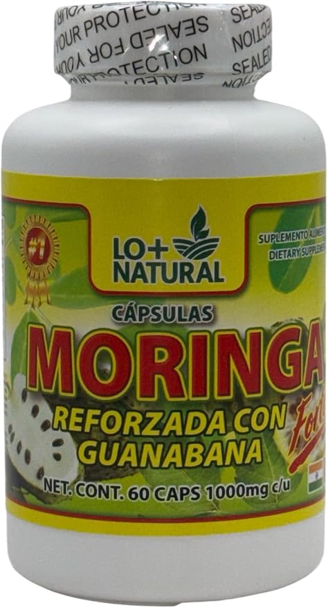 LO+ Natural Moringa Cápsulas Reforzadas con Guanábana  60 Caps, 1000 mg Each - Dietary Supplement