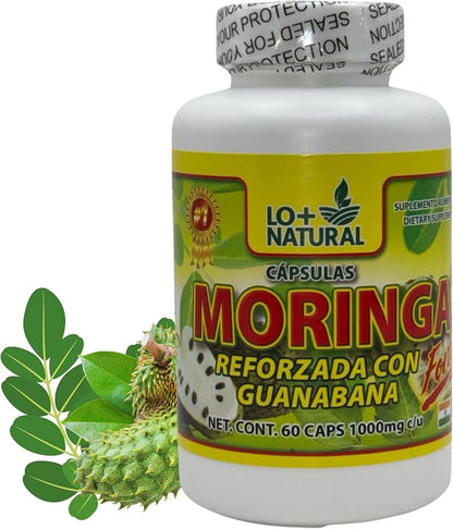 LO+ Natural Moringa Cápsulas Reforzadas con Guanábana  60 Caps, 1000 mg Each - Dietary Supplement
