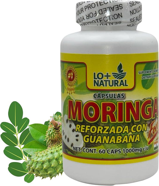 LO+ Natural Moringa Cápsulas Reforzadas con Guanábana  60 Caps, 1000 mg Each - Dietary Supplement