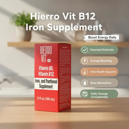 Hierro Vit B-12 Vitamin B6, B12, Iron, and Panthenol Supplement 6 fl oz 180 mL