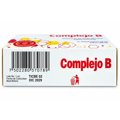 Complejo B Dietary Supplement with Vitamins B1 B2 B3 B5 B6 B12 Caffeine & Ginseng 10 Ampoules 100ml