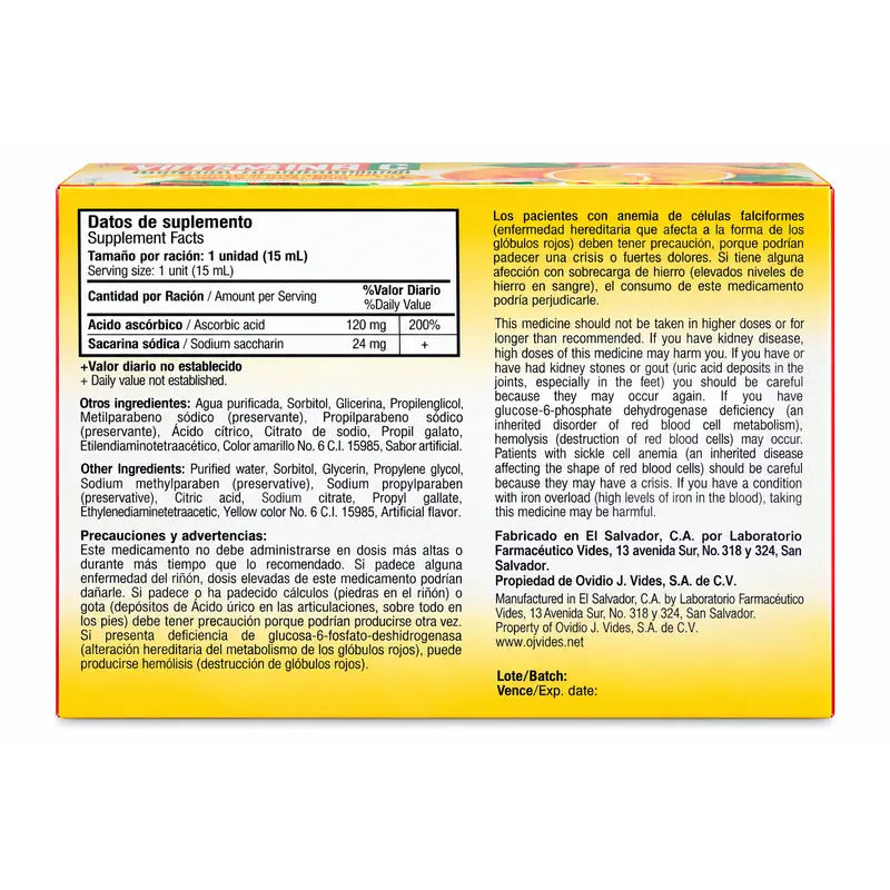 Vides Vitamina C LV Solucion Oral Oral Solution Dietary Supplement 15 Vials 120 mg/15 mL Sugar Free