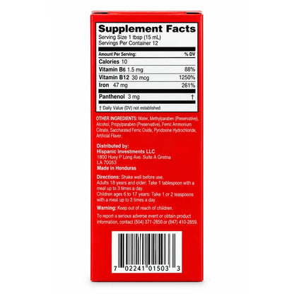 Hierro Vit B-12 Vitamin B6, B12, Iron, and Panthenol Supplement 6 fl oz 180 mL
